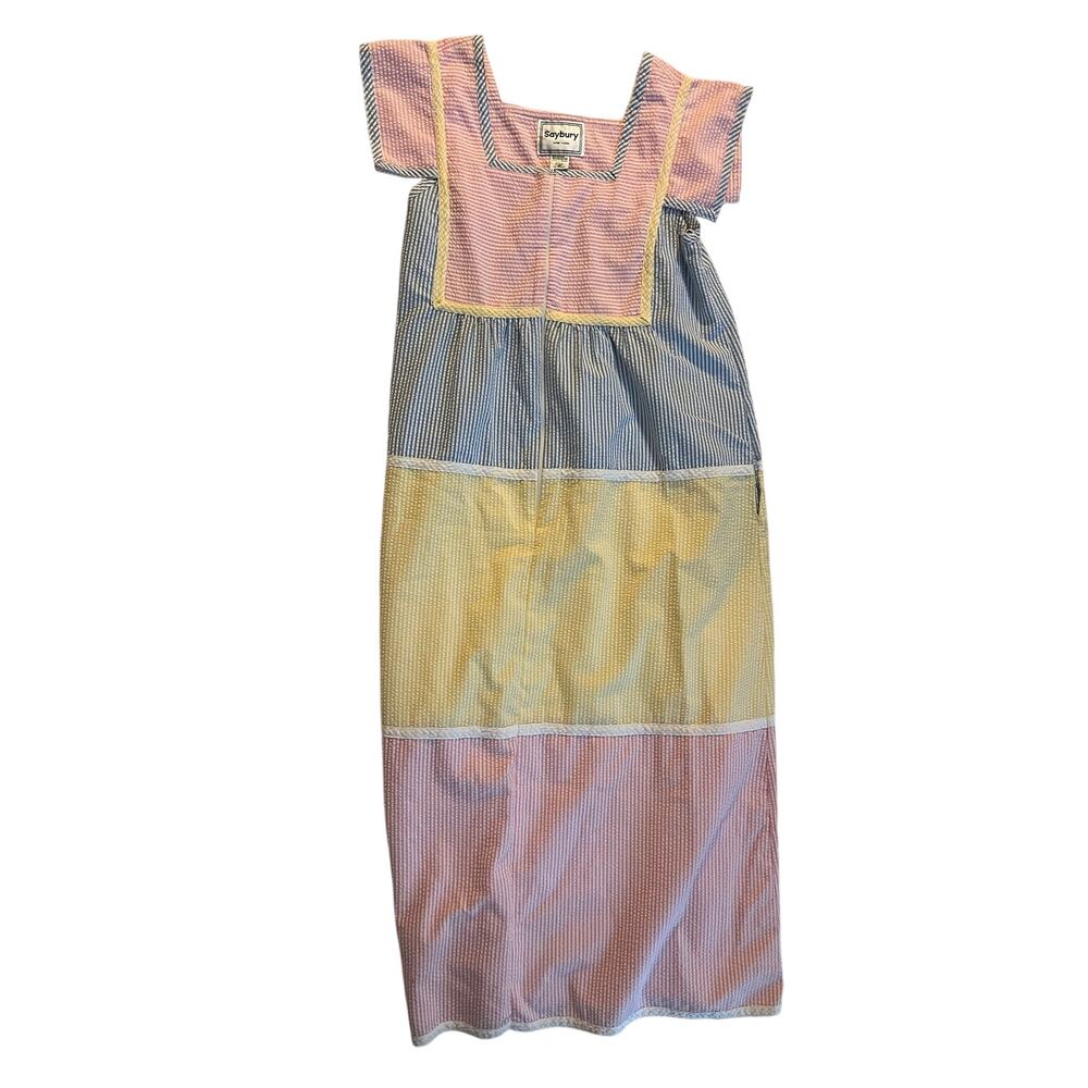 Vintage 80s Saybury Pastel Seersucker House Dress Midi Maxi Color Block S/M